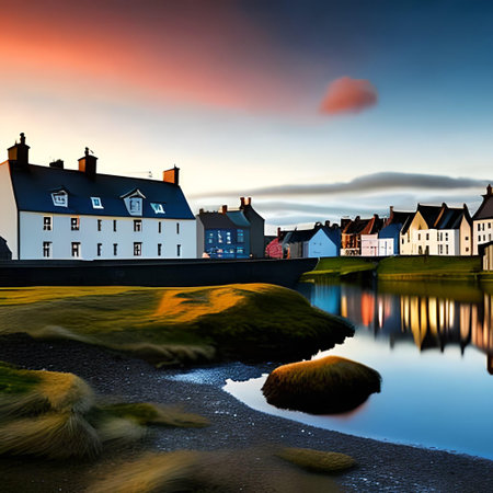Sunset over the village in the north of Iceland, Europe.の素材