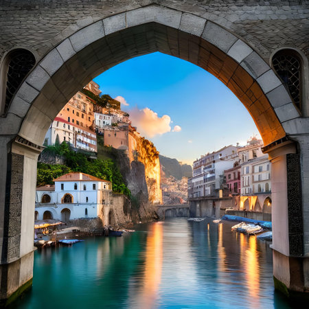 Riomaggiore bridge at sunset, Cinque Terre, Italyの素材