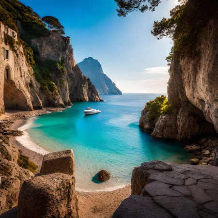 Capri island, Italy. Panoramic view of the beautiful beach and cliffs.の素材