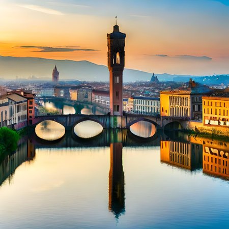 Florence panorama with Ponte Vecchio over Arno river at sunset, Italyの素材