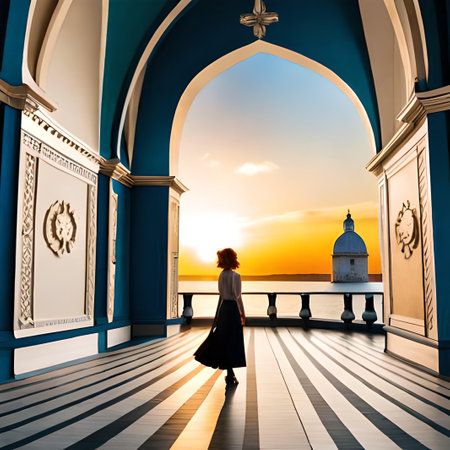 A young woman is standing in front of the window of the mosque at sunset.の素材