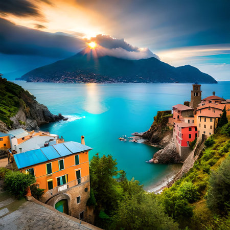 Beautiful sunset over Vernazza village in Cinque Terre, Italy.の素材