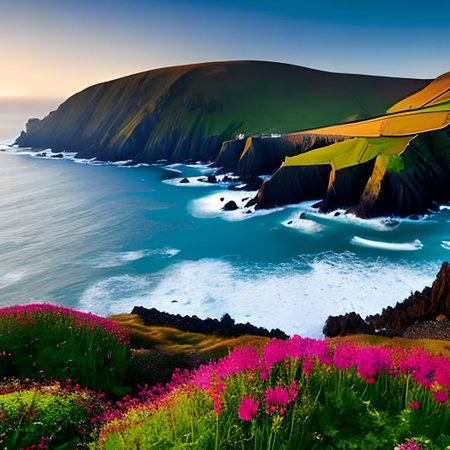 Colorful summer landscape with wildflowers on the seashore.の素材