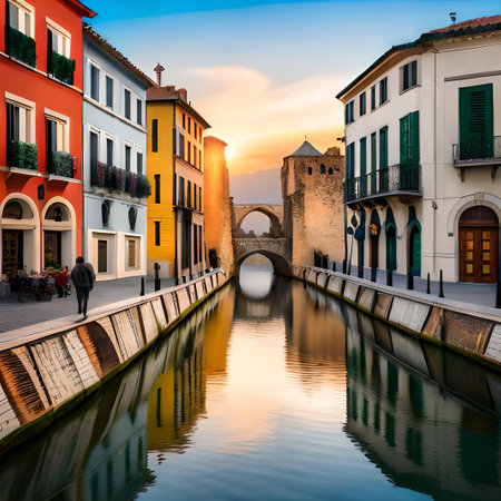 Venice, Italy. Old bridge over the canal at sunset.の素材