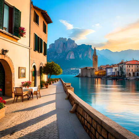 Sunset view of Lake Garda in Liguria, Italy.の素材