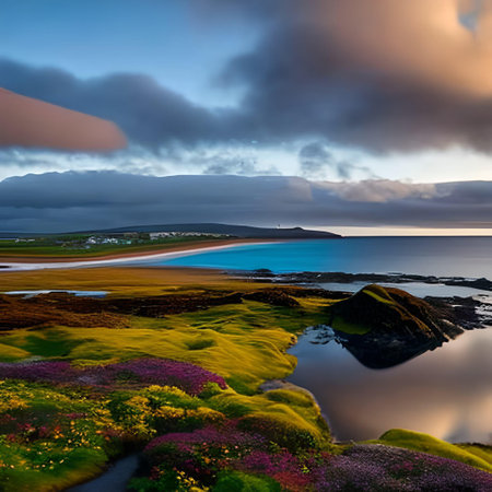 Fantastic sunset over the sea. Colorful summer landscape. Iceland, Europe. Beauty world.の素材