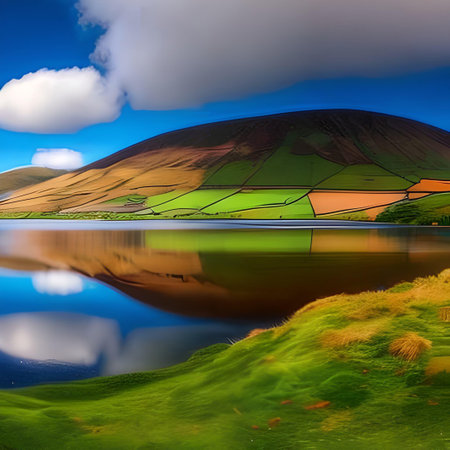 Mountain landscape with lake and reflection in the water. Collage.の素材