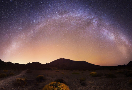 Milky Way over Teide National Park, Tenerife, Canary Islands, Spainの写真素材