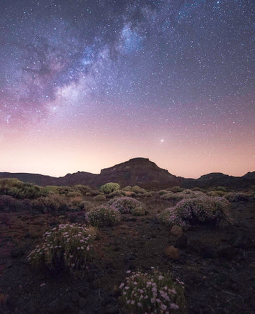 Milky Way over a Desert Landscape in Tenerife Canary Islands Spainの写真素材