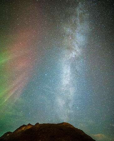 Milky way over the mountains. Long exposure photograph with grain.
