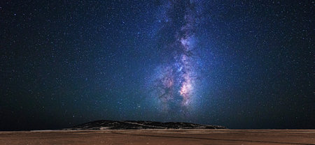 Milky Way over the desert. Panorama. Long exposure.