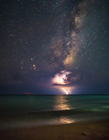 Milky Way over the sea with stars and lightning in the skyの写真素材