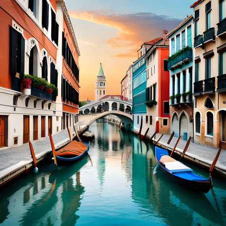 Beautiful view of canal with gondolas in Venice, Italyの素材