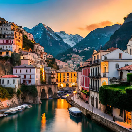 View of Amalfi town in Italy. Colorful houses on the banks of the Amalfi River.の素材