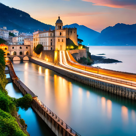 Santa Margherita di Sorrento in Italy at sunset.の素材