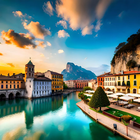 Panoramic view of Como lake at sunset, Italy.の素材