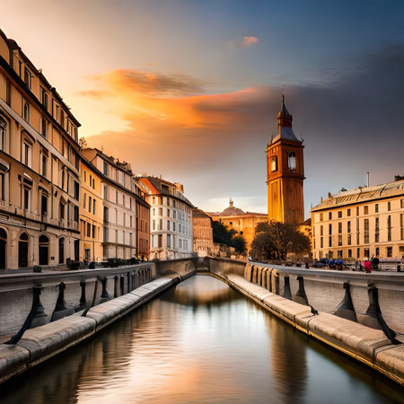 Sunset view of the old town of Turin, Italy.の素材