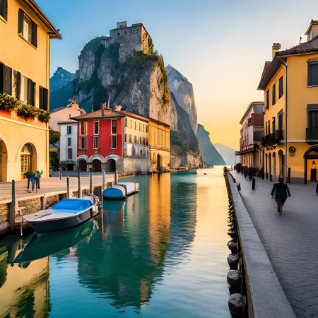 Sunset in the town of Riva del Garda, Italyの素材