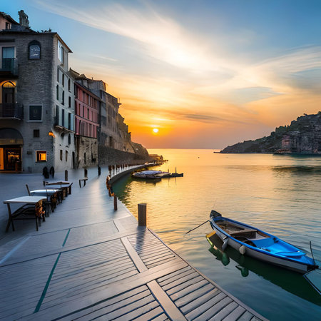 Sunset over the old town of Vernazza, Cinque Terre, Italyの素材