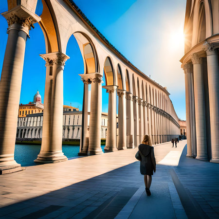 A young woman in a business suit is walking along the Ponte Sant'Angelo bridge in Rome, Italy.の素材