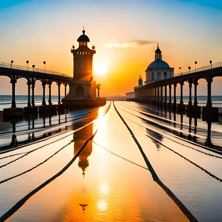 Sunset view of the pier and lighthouse in Brighton, England.の素材