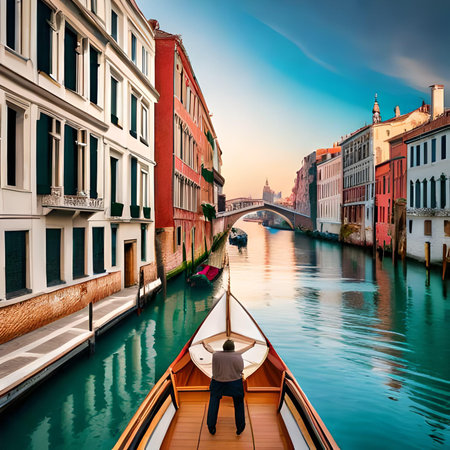 Gondola on Grand Canal in Venice, Italy at sunset.の素材