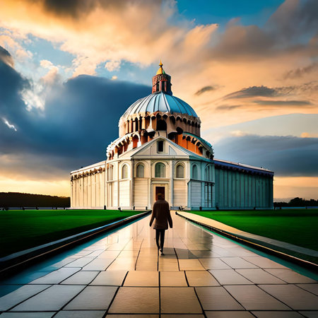 Woman walking in front of the Cathedral of Christ the Saviour in Moscow, Russiaの素材