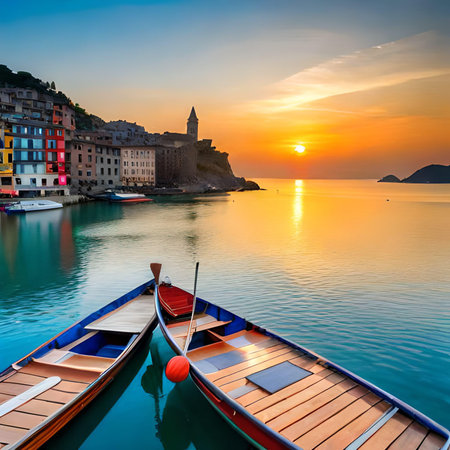 Sunset view of Portovenere, Liguria, Italyの素材