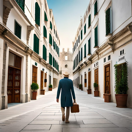 Rear view of a young woman walking in the old town of Trogir, Croatiaの素材