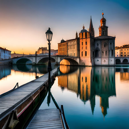Sunset view of Garibaldi Bridge and Basilica di Santa Maria Maggiore in Turin, Italyの素材