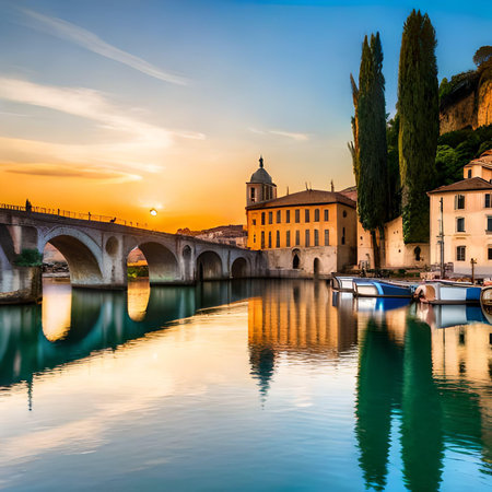 Sunset view of the bridge over the Adige river in Verona, Italyの素材