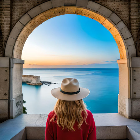 A young woman in a red dress and a white hat looks at the sea from the window of an old building.の素材