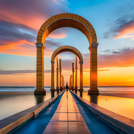 Sunset at the pier with arch in the foreground, Maldivesの素材