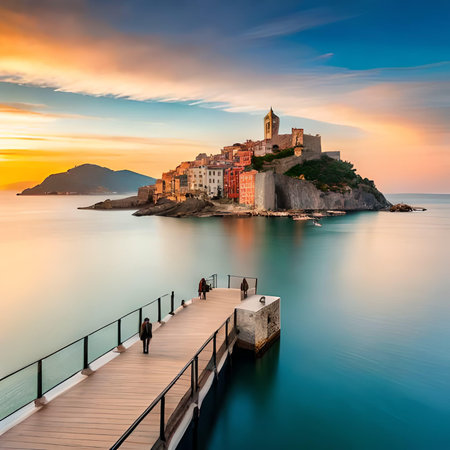 Sveti Stefan island in Montenegro at sunrise. Beautiful seascape.の素材