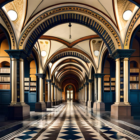Interior of the library with columns and books. 3D renderingの素材