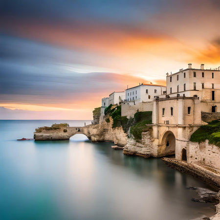Sunset over Polignano a Mare, one of the most beautiful villages of Cinque Terre, Italyの素材