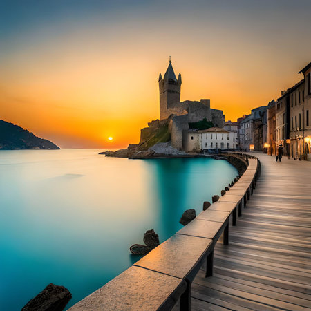 Sunset view of the old town of Budva, Montenegroの素材