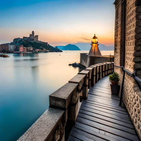 Sunset view of Castel San Pietro in Liguria, Italyの素材