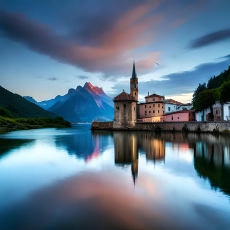 Sunset over Lake Lucerne, Switzerland, Europe. Long exposure.の素材