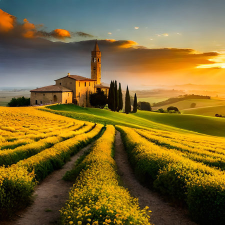 Sunset over Rapeseed field in Tuscany, Italyの素材
