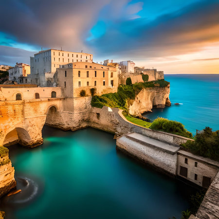 Vieste, Gargano, Puglia, Italy. Panoramic view of Vieste town at sunset.の素材