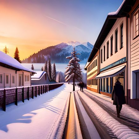 Fantastic winter landscape with snow covered alpine village. Dramatic wintry scene. Artistic style post processed photo.の素材