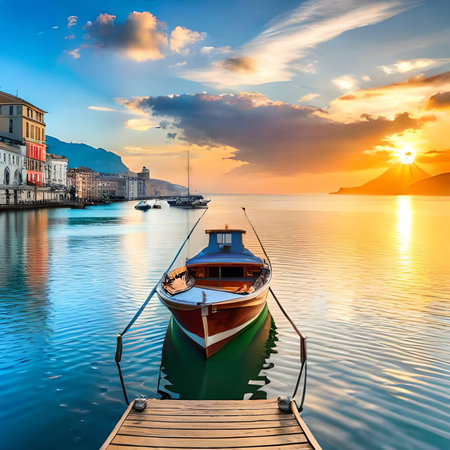 Fishing boat on Lake Como at sunrise, Lombardy, Italy.の素材