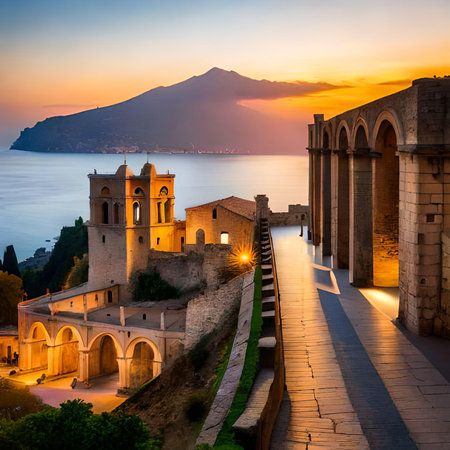 Sunset view of the Monastery of St. Francis of Assisi in Taormina, Sicily, Italyの素材