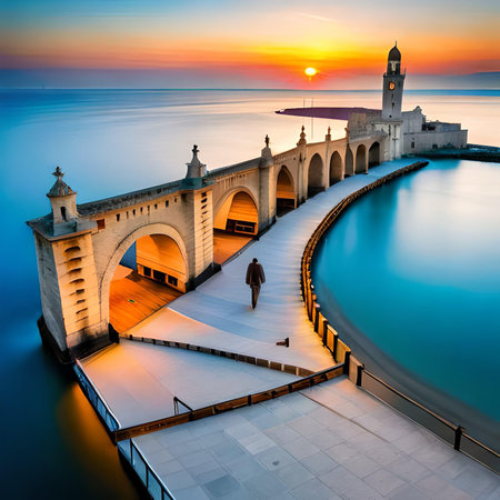 Sevastopol, Crimea, Russia. Beautiful sunset over the pier of Sevastopol.の素材