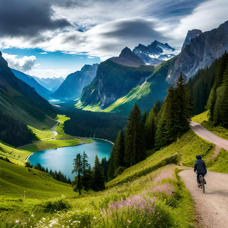 Mountain landscape with alpine lake in summer, Dolomites, Italyの素材
