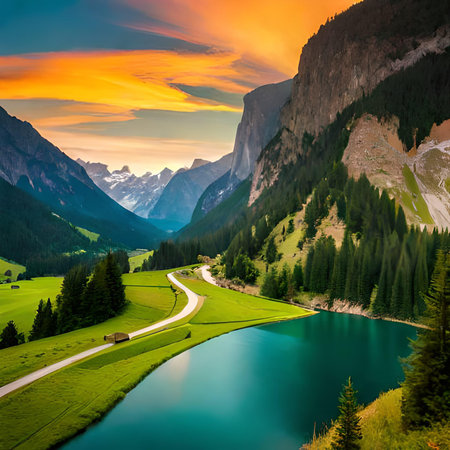 Idyllic alpine landscape with lake in Dolomites, Italyの素材