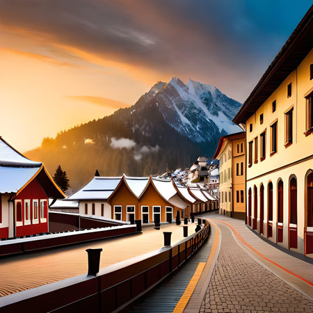 Beautiful alpine town in the Swiss Alps at sunset, Switzerlandの素材