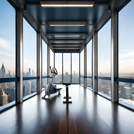 Interior of modern fitness hall with skyscrapers and New York city viewの素材