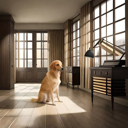Labrador retriever sitting in a room with a piano. 3d renderingの素材